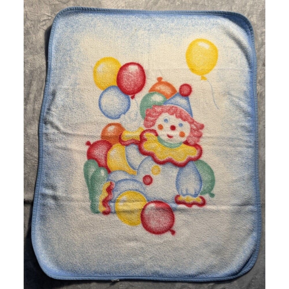 Vtg Baby Blanket Clown Balloons Acrylic Blue Trim